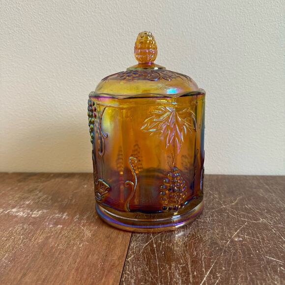 Indiana Glass Iridescent Carnival Glass Gold‎ Harvest Candy Jar - Picture 3 of 9
